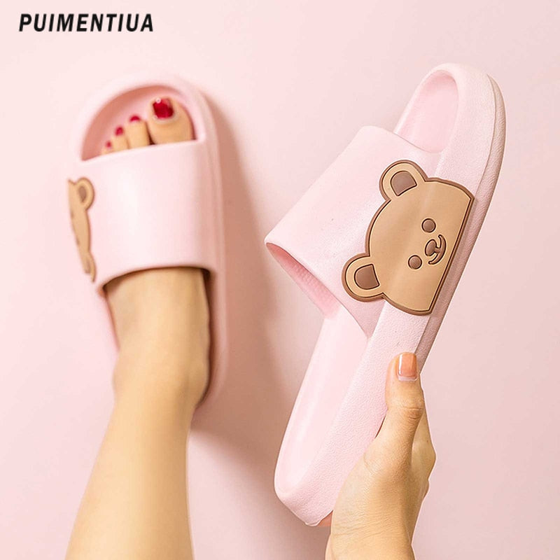 Women Slippers Beach Slides Cartoon Bear Flip Flops Men's Thick Sole Indoor Bathroom Anti-Slip Shoes Summer Couple Sandals