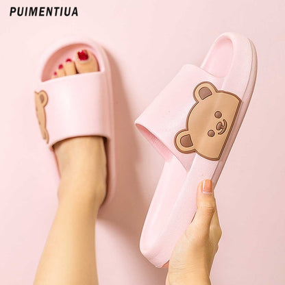 Women Slippers Beach Slides Cartoon Bear Flip Flops Men's Thick Sole Indoor Bathroom Anti-Slip Shoes Summer Couple Sandals