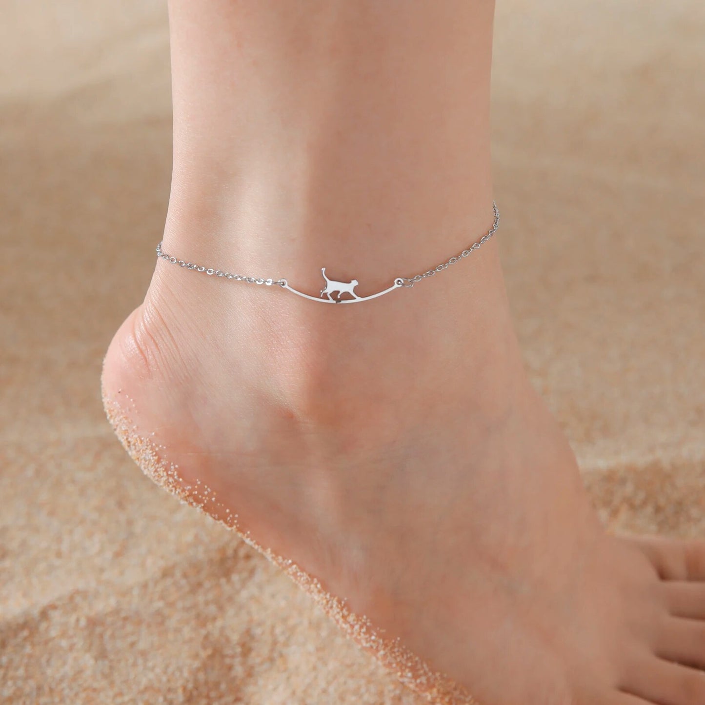 Cute Walking Cat Anklets for Women Stainless Steel Jewelry Foot Bracelet Fashion Summer Beach Accessories Wholesale