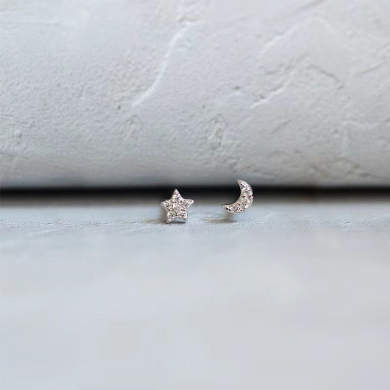 Simple Piercing Stud Earrings for Women Star Moon Zircon 925 Silver Needles Tragus Cartilage Asymmetry Pendiente Plata Jewelry