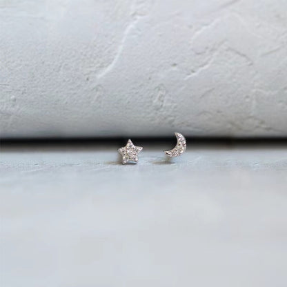 Simple Piercing Stud Earrings for Women Star Moon Zircon 925 Silver Needles Tragus Cartilage Asymmetry Pendiente Plata Jewelry