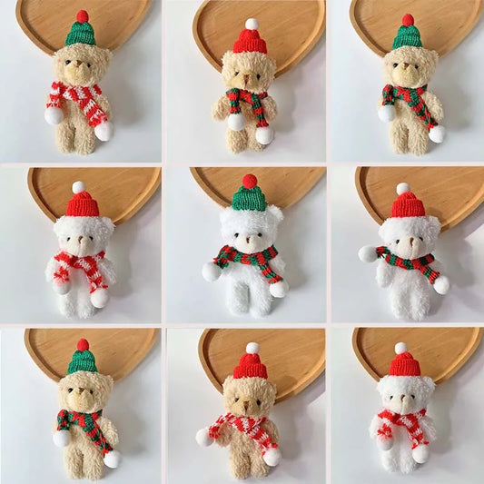 Christmas Teddy Bear Plush Dolls 13cm Cute Stuffed Animal Toy Plushies Scarf Hat Tree Ornament Home Room Decor Holiday Kids Christmas Gift