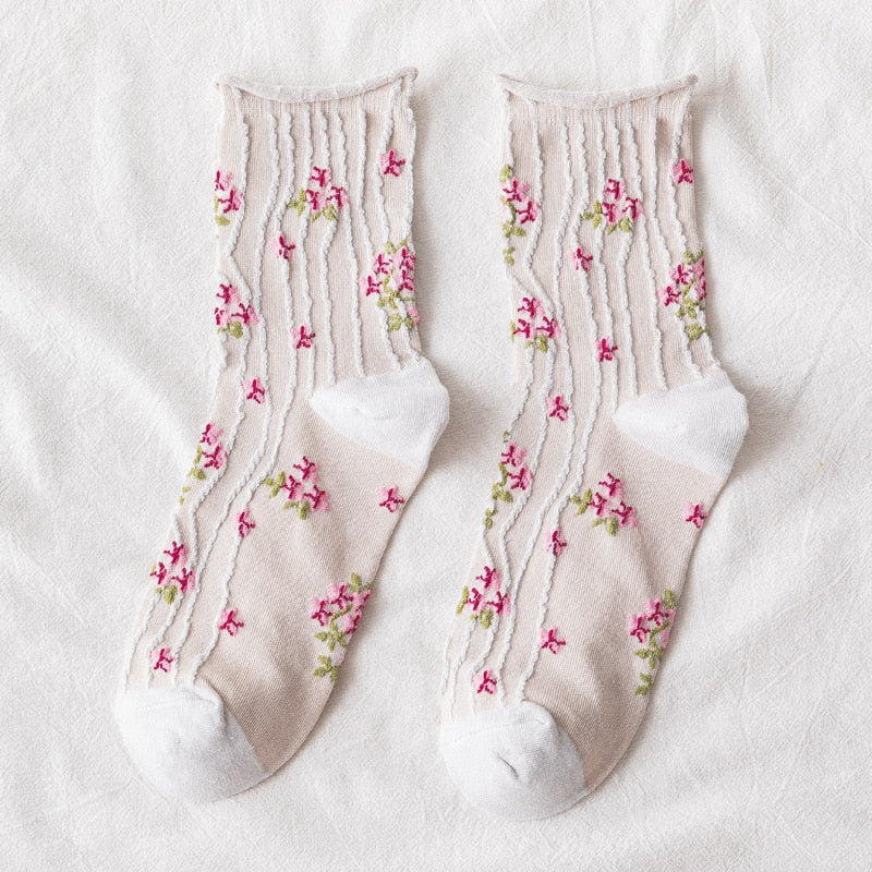 Korean Fashion News Floral Print Women's Socks Harajuku Vintage Streetwear Crew Socks Japanese Kawaii Cute Cotton Long Sock