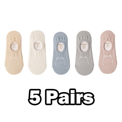 5 Pairs New Kawai Women Socks Summer Cute Japanese Fashion Cartoon Bear Funny Socks Soft Cotton Short Non-slip Invisible Socks