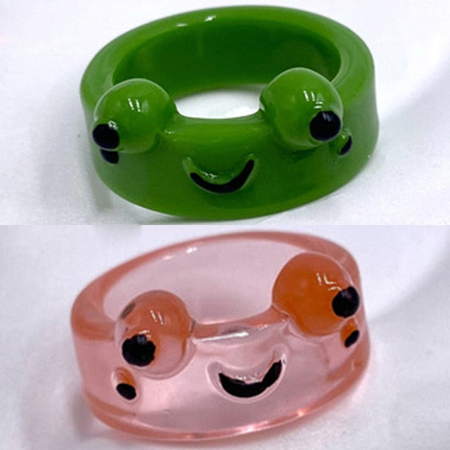 2Pc Cute Frog Rings Lover Polymer Clay Resin Acrylic Rings for Women Girls Couple Travel Ring Summer Fashion Animal Jewelry Gift