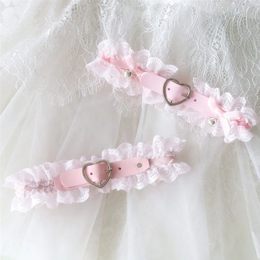 Harajuku Pink Lolita Heart Choker Women Ruffled Bowknot Bell Lace Choker Necklace Neck Collar Girls Cosplay Party Jewely