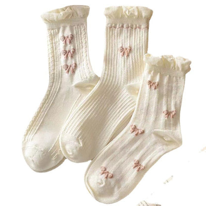 Simple White Socks Versatile Lovely Bowknot Small Flowers Women's Medium Tube Socks kawaii Harajuku jk Lolita Girls Cotton Socks