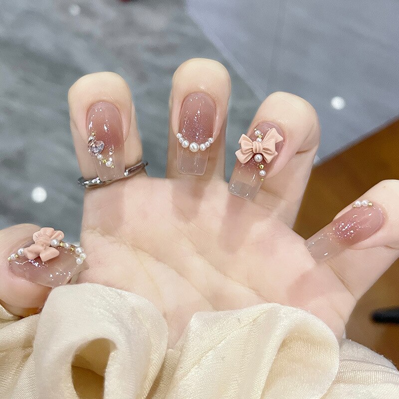 24Pcs Pink Ballet False Nails Long Coffin with Rhinestone Love Heart Wearable Fake Nails Full Cover Press on Nails Tips Glitter