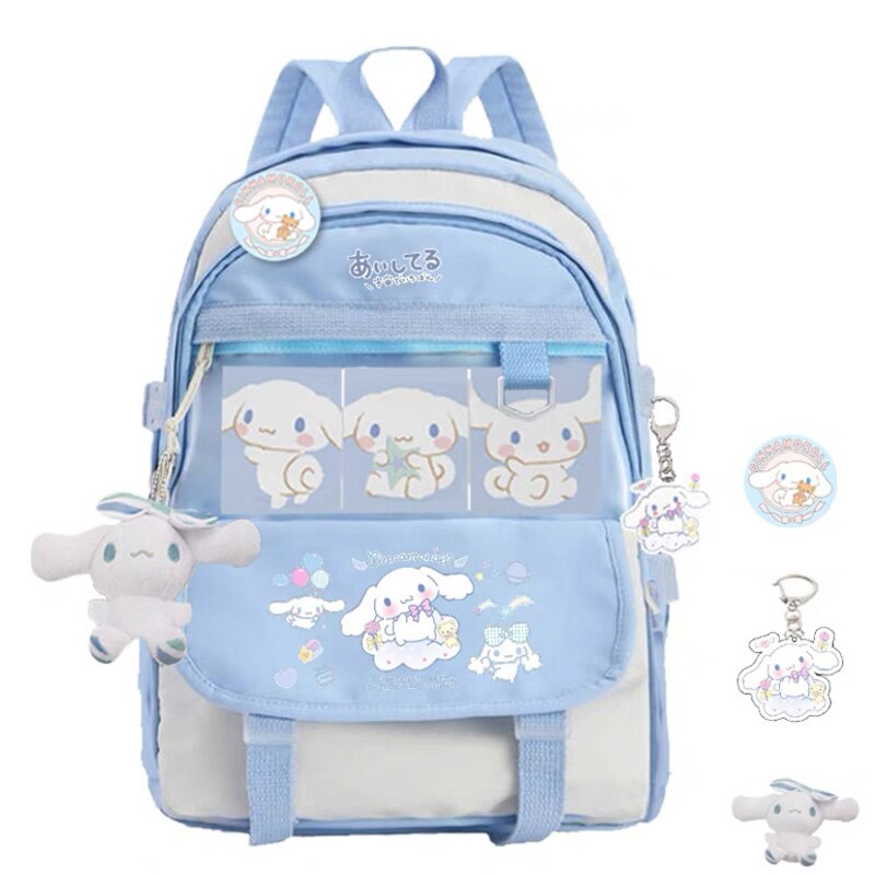 Cinnamoroll Backpack with Sanrio Plush Toy Anime Children Girls Blue Schoolbag School Supplies Student Kawaii Cute Large Computer Bag Gift