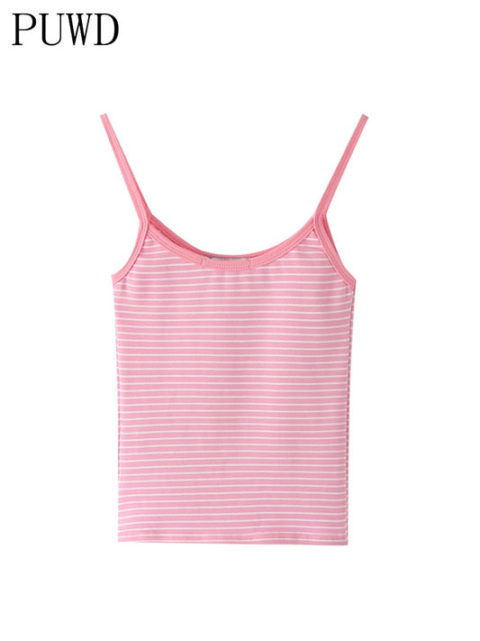 Casual Women Pink Striped Print Soft Cotton Tank Summer Fashion Ladies Vintage Slim Short Tops Female Chic Crop Top