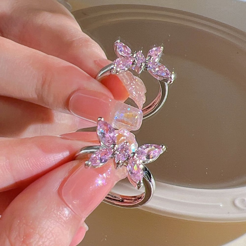 Pink Crystal Heart Bowknot Rings For Women Girls Y2k Kpop Sweet Cool Open Finger Rings Party Fashion Jewelry Gifts New