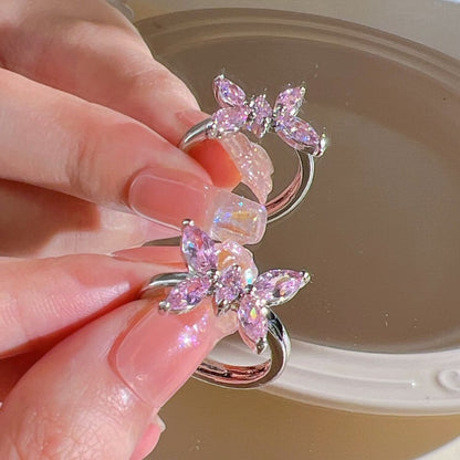 Pink Crystal Heart Bowknot Rings For Women Girls Y2k Kpop Sweet Cool Open Finger Rings Party Fashion Jewelry Gifts New