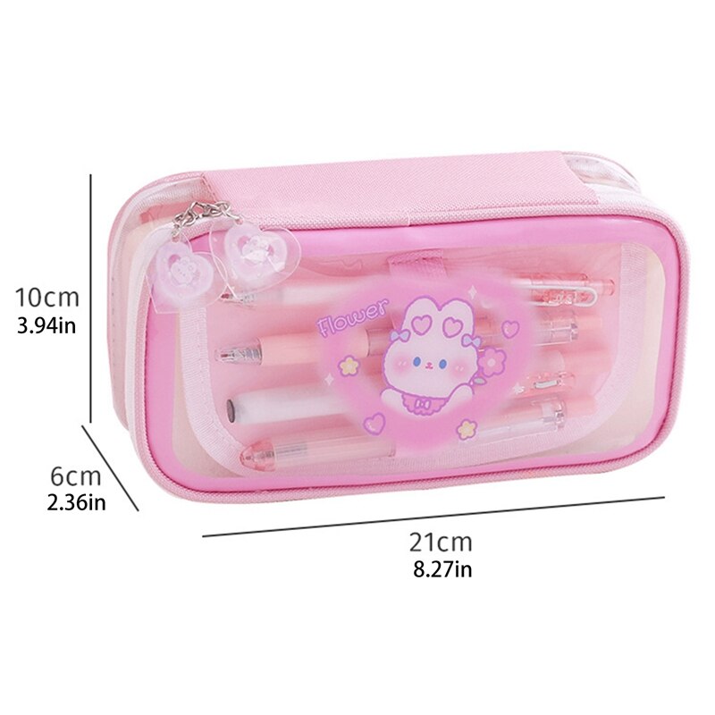 Cute Cartoon Bear Large Capacity Pencil Case Transparent Multi Layered Pencil Bag Stationery Storage Bag Box School Supplies