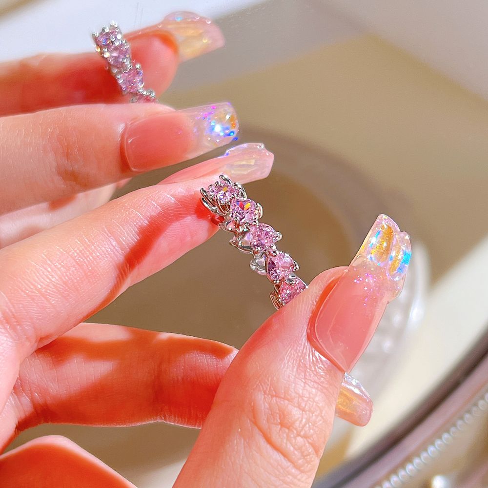 Pink Crystal Heart Bowknot Rings For Women Girls Y2k Kpop Sweet Cool Open Finger Rings Party Fashion Jewelry Gifts New
