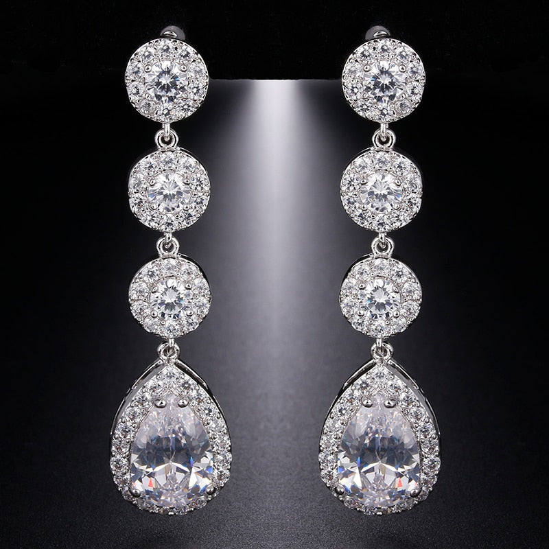 Luxury Zircon Wedding Long Dangle Earrings with Round Water Drop Elegant CZ Earrings for Women Bridal Wedding Jewelry Dress