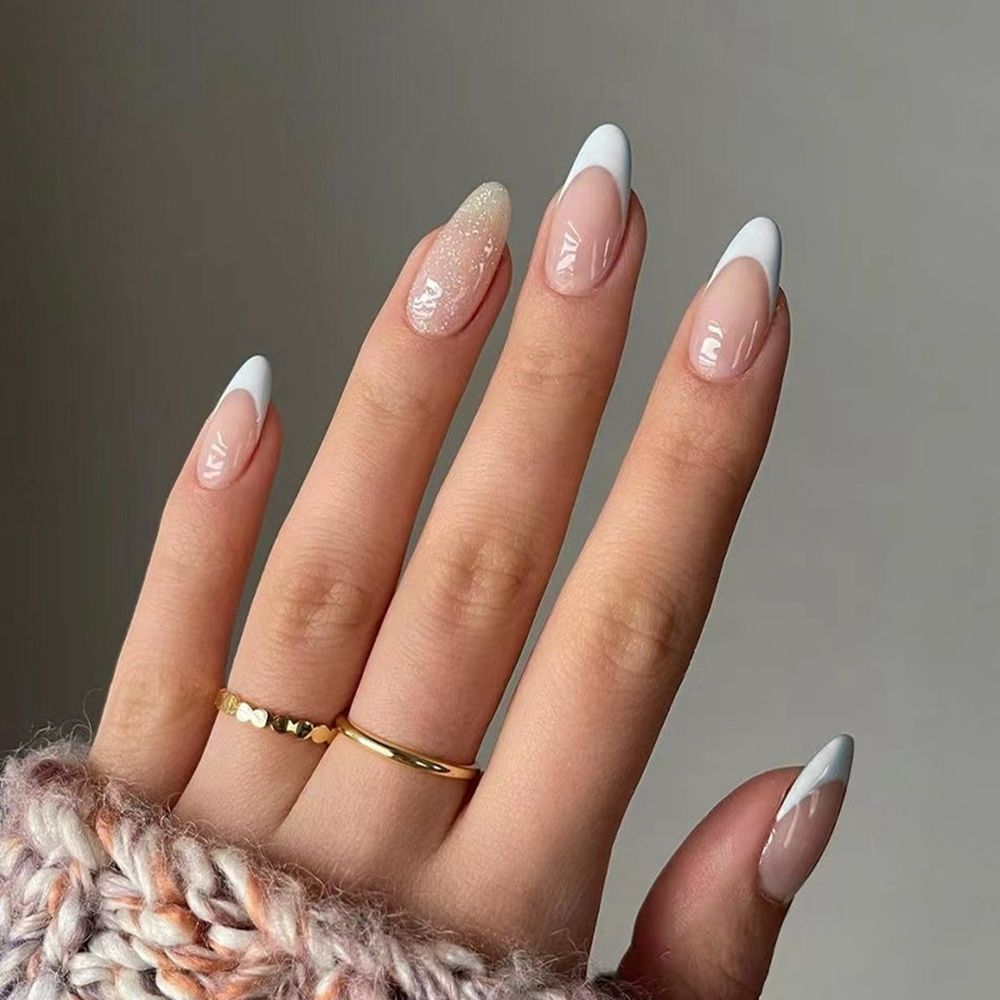 24Pcs Almond Fake Nail Gradient Simple French False Nails Daisy Flower Design Manicure Nails Detachable Full Cover Press On Nail