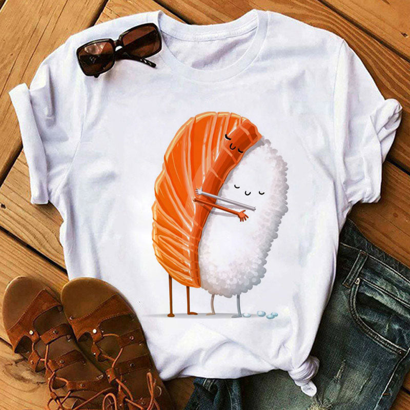 Women Black T-shirts Summer Cute Sushi hug Short Sleeve Tees shirt Femme Summer O-Nock Kawaii Clothing Tops Ladies T shirt