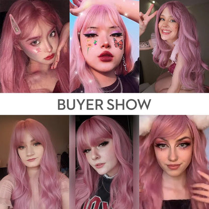 oneNonly Long Pink Wig with Bangs Natural Wave Heat Resistant Wavy Hair Synthetic Wigs for Women Lolita Cosplay