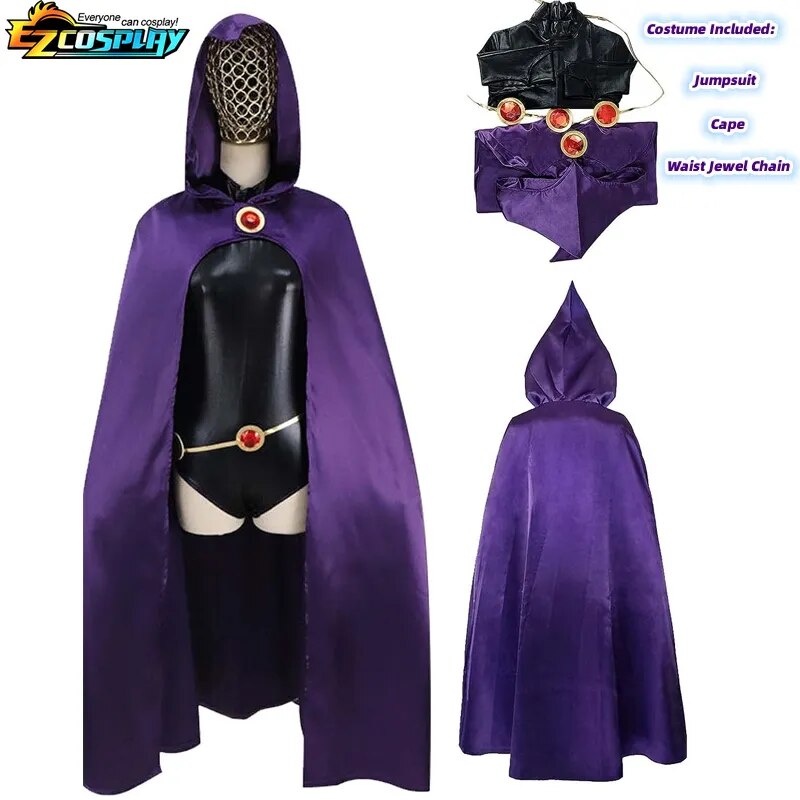 Teen Titans Raven Cosplay Costume Deluxe Jumpsuit Cloak Belt Suit Halloween Uniform for Women XS-3XL
