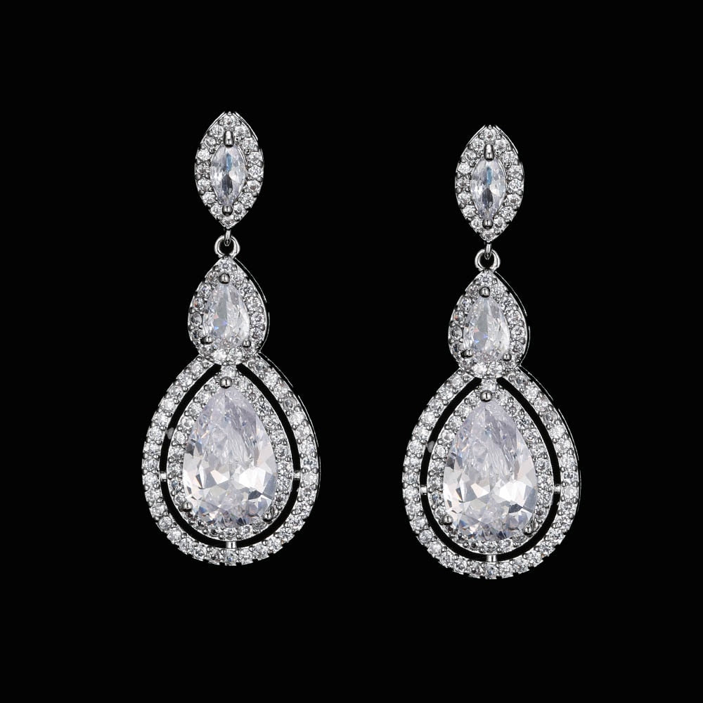 Luxury Zircon Wedding Long Dangle Earrings with Round Water Drop Elegant CZ Earrings for Women Bridal Wedding Jewelry Dress