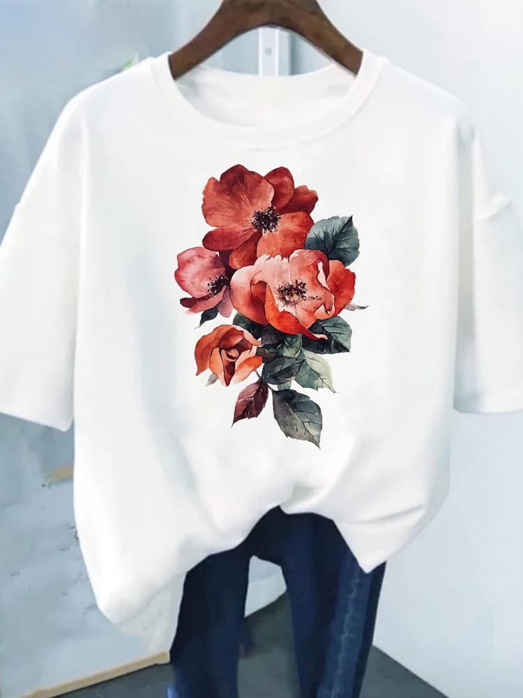 Flower Print Fashion Plant Trend Lovely Style Short Sleeve Women Graphic Tee Summer T Clothing Female Clothes Casual T-shirts