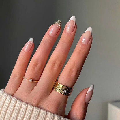 24Pcs Almond Fake Nail Gradient Simple French False Nails Daisy Flower Design Manicure Nails Detachable Full Cover Press On Nail