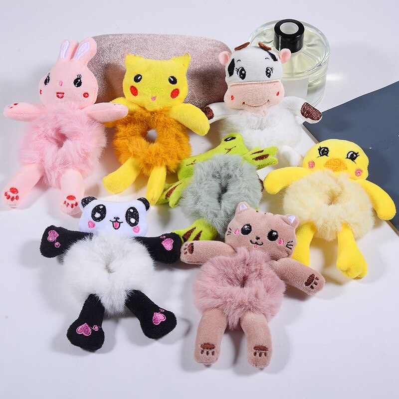 Plush Hair Scrunchies Cute Kawaii Stuffed Animal Plushies Hair Tie Frog Bunny Duck Cat Panda Teddy Bear Ponytail Rubber Band Ring Girls Kids Hair Accessories