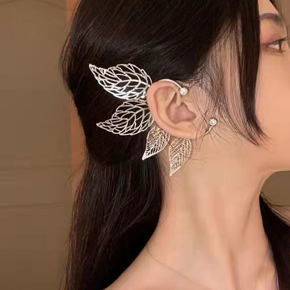 1 Pc Chic Elf Ear Cuff Maple Leaf Hollowed Zircon Leaf Cosplay Fairy Earring Clips for Women Girls Wedding Ear Cuff Jewelry