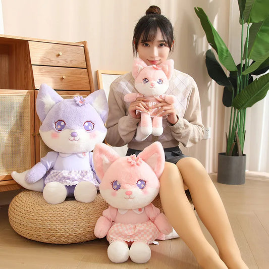 Purple Pink Cute Cartoon Fox Plush Toys With Long Soft Tail Cartoon Soft Stuffed Dolls