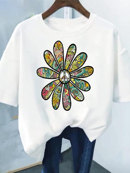Flower Print Fashion Plant Trend Lovely Style Short Sleeve Women Graphic Tee Summer T Clothing Female Clothes Casual T-shirts