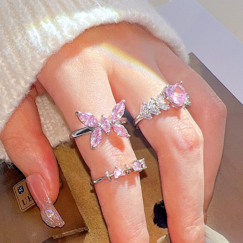 Pink Crystal Heart Bowknot Rings For Women Girls Y2k Kpop Sweet Cool Open Finger Rings Party Fashion Jewelry Gifts New