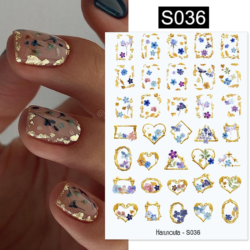 Harunouta Simple Flowers 3D Nail Stickers Gold Heart French Tip Lines Leopard Print Design Adhesive Sliders Manicure Nail Decals