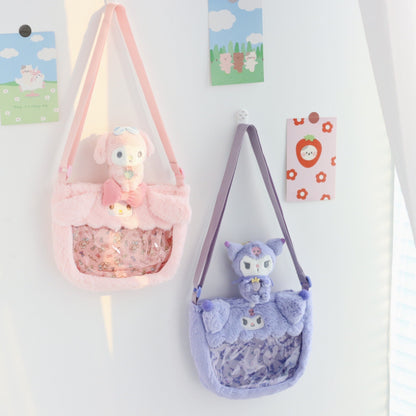 Anime Sanrio Cartoon Plush Doll Bag Kawali Figure Cinnamoroll Kuromi My Melody Messenger Bag Shoulder Backpack with Stuffed Animal Plushies For Girl