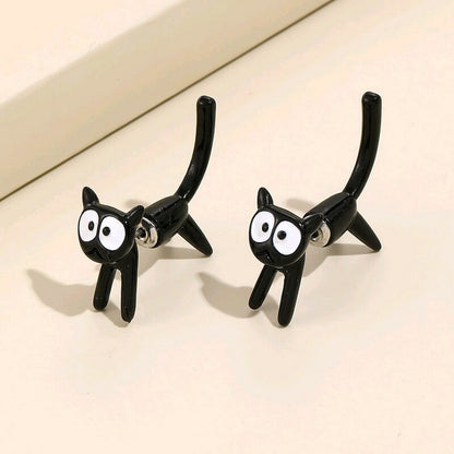 1 Pair Cute Black Cat Stud Earrings for Women Front Back Animal Jewelry Punk Fashion Statement Friendship Piercing Party Gift