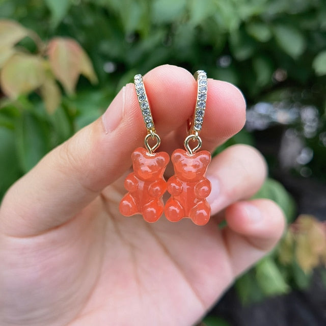 Cute Acrylic Candy Gummy Bear Dangle Earrings for Women Rainbow Bear CZ Hoop Earrings Korean Fashion Sweet Girl Jewelry
