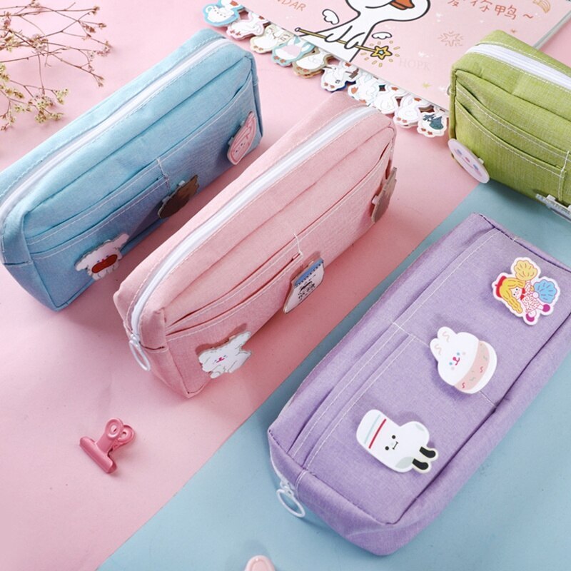Kawaii Purple Canvas Pencil Case Cute Animal Badge Pink Pencilcases Large School Pencil Bags For Maiden Girl Stationery Supplies