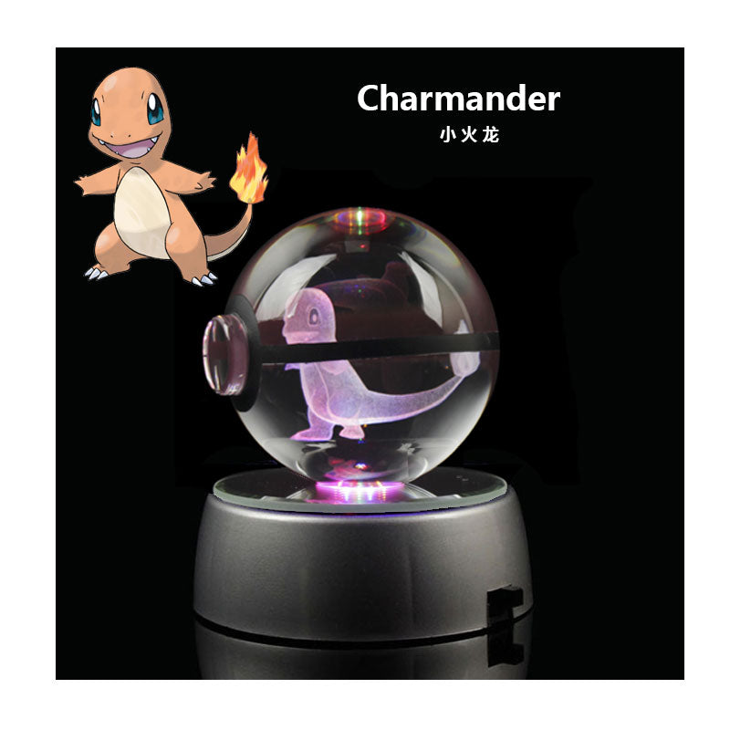 Pokemon Crystal Ball 3D Toys Snorlax Mewtwo Pikachu Figures Pokémon Engraving Model with LED Light Base Kids Gift Collectable