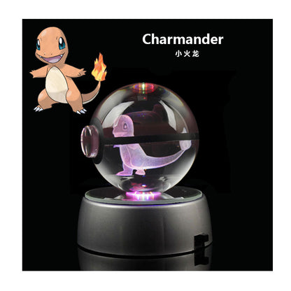 Pokemon Crystal Ball 3D Toys Snorlax Mewtwo Pikachu Figures Pokémon Engraving Model with LED Light Base Kids Gift Collectable