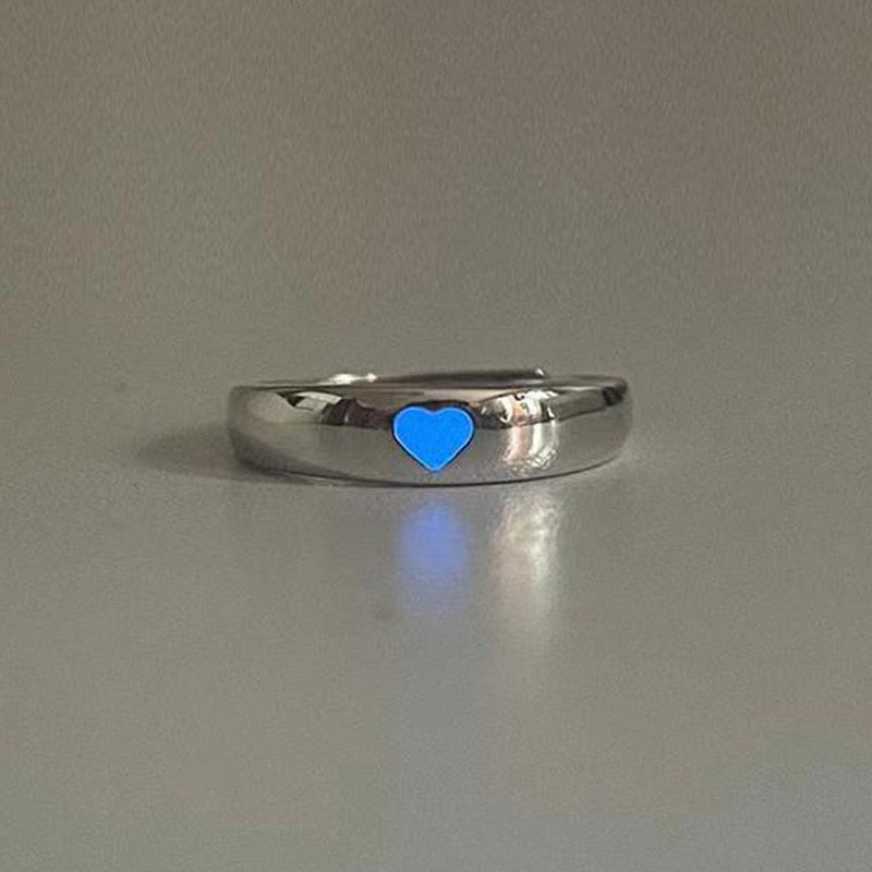 Luminous Love Heart Finger Ring Glow In Dark Fashion Adjustable Couples Rings Silver Color Pink Blue Light Jewelry Lover Gift