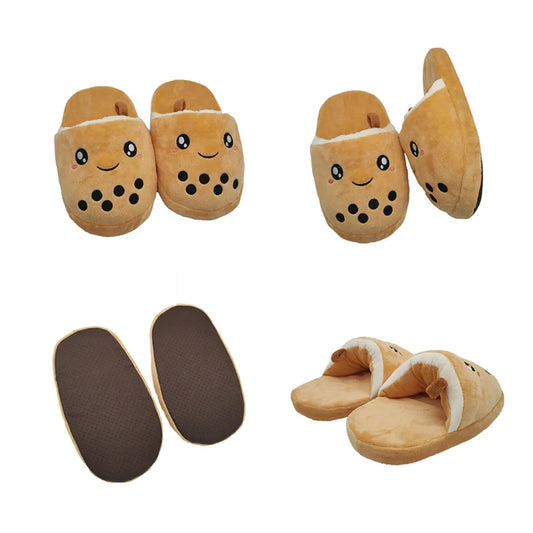 Funny Autumn Winter Cotton Bubble Tea Slipper Soft Cute Lazy Monster Boba Indoor Slippers Cat Puppy Home Plush Cotton Shoes