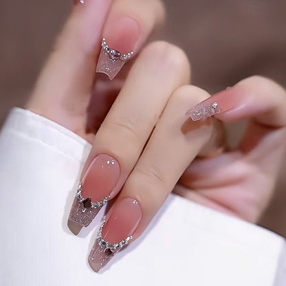 24Pcs Pink Ballet False Nails Long Coffin with Rhinestone Love Heart Wearable Fake Nails Full Cover Press on Nails Tips Glitter