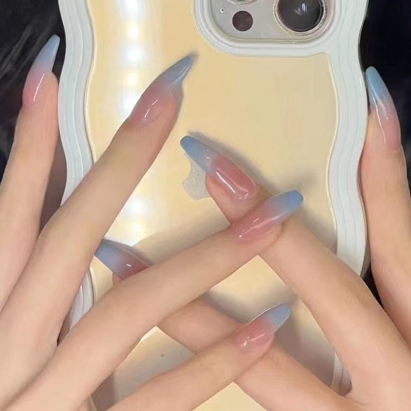 24pcs pink clouds design false nails with glue press on nails medium length acrylic nails coffin full cover nails tips supplies