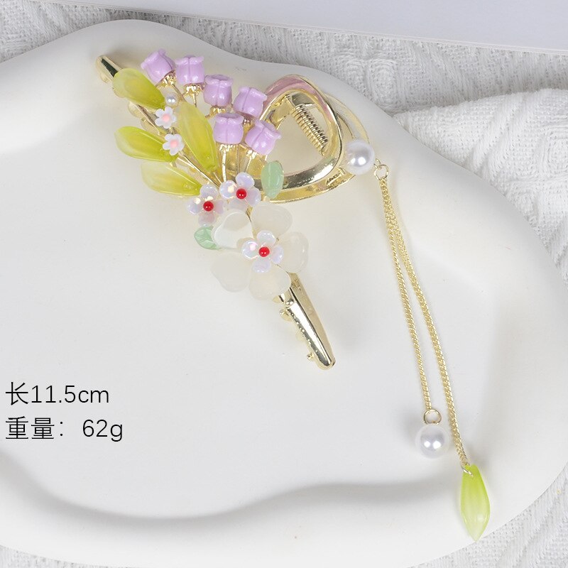 New Classical Orchid Pearl Tassel Grab Clip Ladies Ponytail Clip Flower Shark Clip Girl Elegant Headwear Accessories
