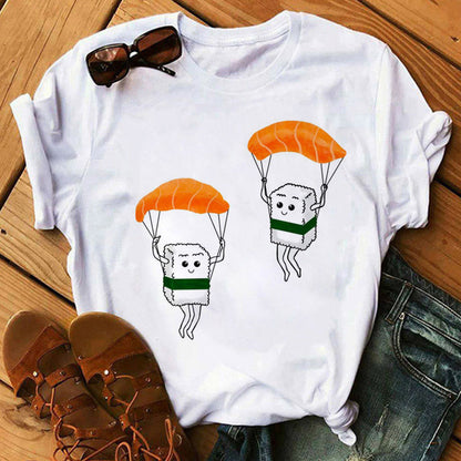 Women Black T-shirts Summer Cute Sushi hug Short Sleeve Tees shirt Femme Summer O-Nock Kawaii Clothing Tops Ladies T shirt