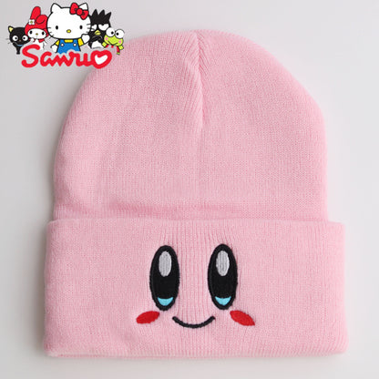 Kirby Winter Cute Smiley Eye Embroidered Knit Cap Stretch Cartoon Beanie Women's Preppy Hood Hipster  Student Warm Headwear