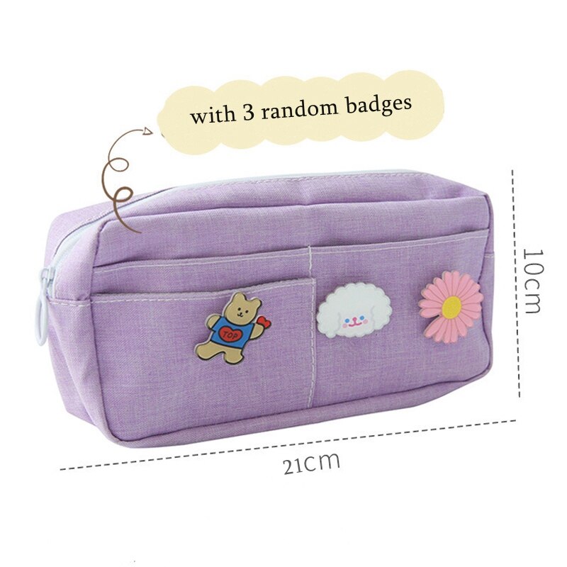 Kawaii Purple Canvas Pencil Case Cute Animal Badge Pink Pencilcases Large School Pencil Bags For Maiden Girl Stationery Supplies
