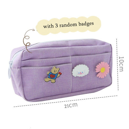 Kawaii Purple Canvas Pencil Case Cute Animal Badge Pink Pencilcases Large School Pencil Bags For Maiden Girl Stationery Supplies