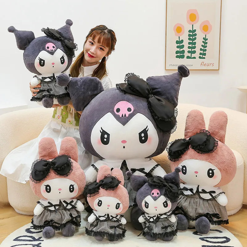 Sanrio Black Kuromi My Melody Plush Stuffed Dolls Kawaii Cartoon Sofa Cushion Pillow Dark Gothic Lace Toy Birthday Gift For Girl