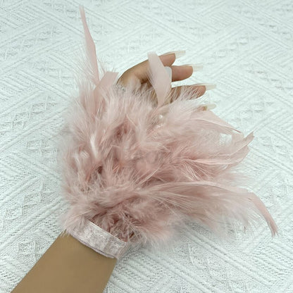 Women Natural Fur Feather Cuffs Snap On Bracelet Arm Cuff Shirts Sleeves For Women Real Ostrich Feather  Anklet Wrist Cuff