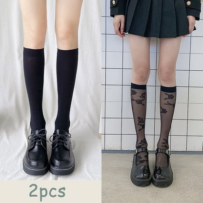 Woman Stockings Cute Black White Lolita Long Socks Solid Color Knee High Socks Fashion Girls Kawaii Cosplay Nylon Socks